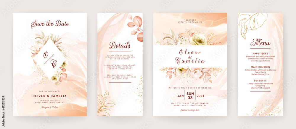 Gold wedding invitation card template set with floral and watercolor  background Stock Vector | Adobe Stock