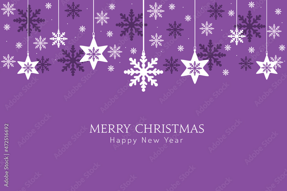 Merry Christmas card, design of xmas with hanging decorative snowflakes on simple purple background. Happy New Year 2022. Merry Christmas card, design of xmas with hanging decorative snowflakes on simple purple background. Happy New Year 2022.
