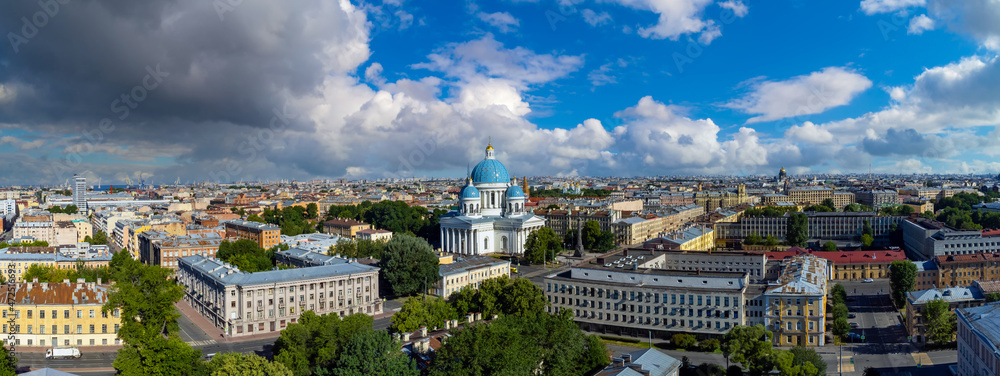 Panorama Saint Petersburg. Russia bird's eye view. Trinity Izmailovsky Cathedral. Streets of Saint Petersburg. Travel to Russia. Saint Petersburg on blue sky background. Panorama Cities of Russia
