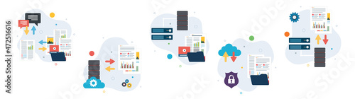 File sharing, shared documents, data backup and download files safely. Technology and computer icon set. Flat design icons in vector illustration.