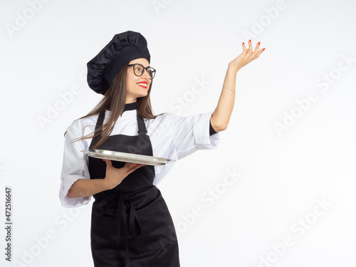 Chef with empty tray. Woman...