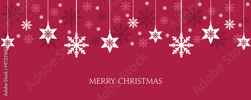 Xmas banner with hanging snowflakes and falling red flakes. Vector design of winter holiday background. Merry Christmas greeting card.