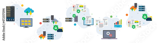 Mainframe, computer, cloud storage, big data, security and protection icons.