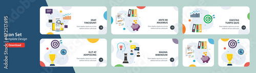 Web banners template in vector with icons of financial market, teamwork success, business investment and teamwork strategy. Flat design icons in vector illustration.