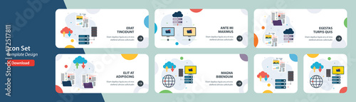 Web banners template in vector with icons of file transfer, backup data document, exchange data computer and cloud computing. Flat design icons in vector illustration.