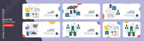 Web banners template in vector with icons of data network, computer server, storage technology and database security. Flat design icons in vector illustration.