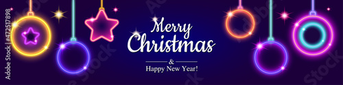 Merry Christmas and Happy New Year festive banner. Modern design of shapes of Christmas balls and decorations in neon style. Abstract geometric background with glow. Template vector illustration. 