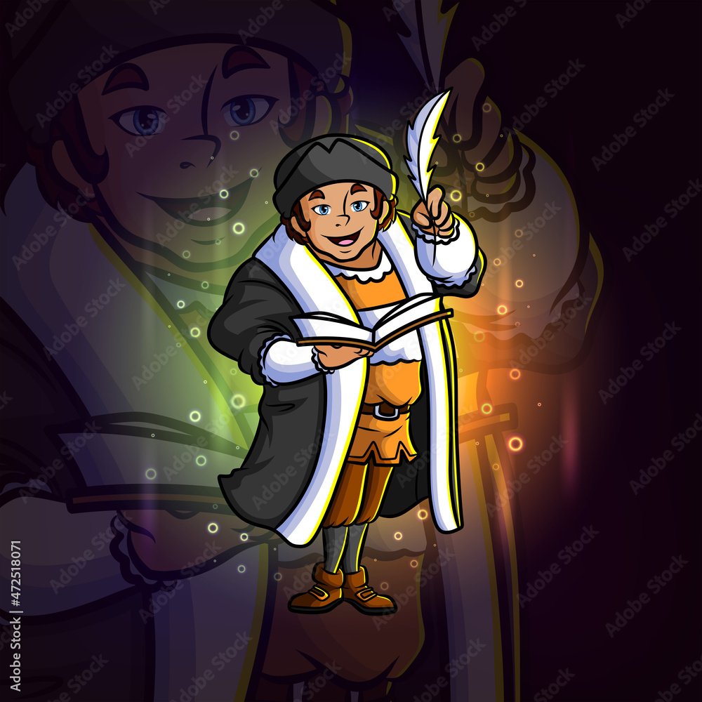 The christopher columbus writer with the historical book esport logo design The christopher columbus writer with the historical book esport logo design