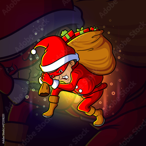 The thief santa is stealing a sack of gift esport mascot design