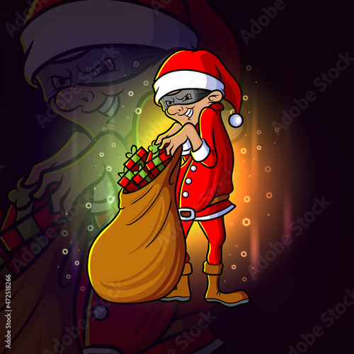 The robber santa claus is stealing gifts esport logo design