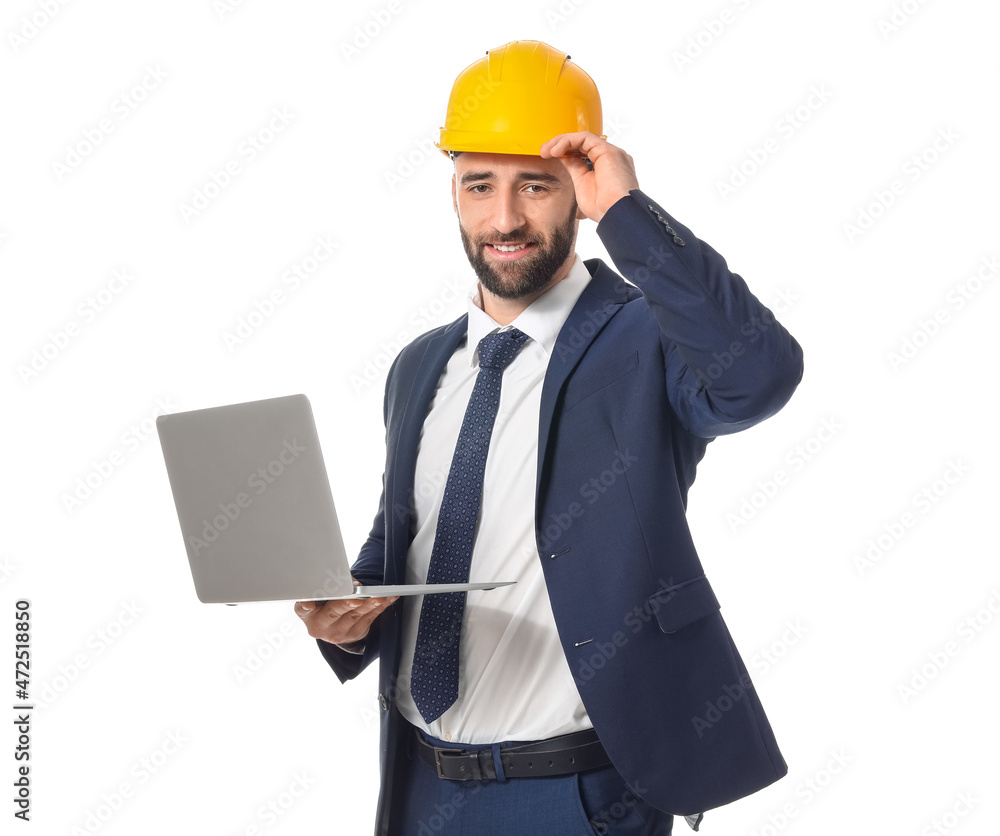 Industrial engineer in hardhat with laptop on white background Industrial engineer in hardhat with laptop on white background