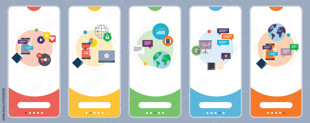 Concepts of smartphone notification, security mobile, online services, social media services. Web banners template with flat design icons in vector illustration.