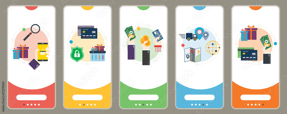 Concepts of online shopping, purchase payment, payment methods, purchase delivery. Web banners template with flat design icons in vector illustration.