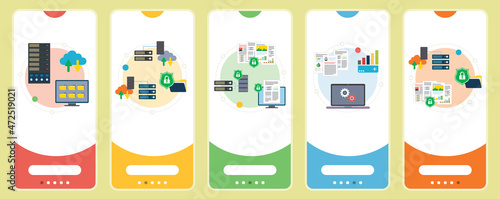 Concepts of mainframe computer, cloud storage security, data protection, big data machine. Web banners template with flat design icons in vector illustration.