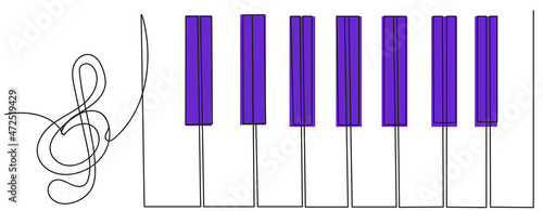 Treble clef and piano keys in one line with purple silhouette on white isolate. Vector illustration of a symphony evening, classical music. Stringed keyboard musical instrument.
