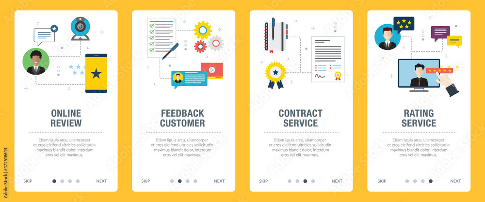 Online review, feedback customer, contract service and rating service. Internet website banner concept with icon set. Web banners template with flat design icons in vector illustration. Online review, feedback customer, contract service and rating service. Internet website banner concept with icon set. Web banners template with flat design icons in vector illustration.