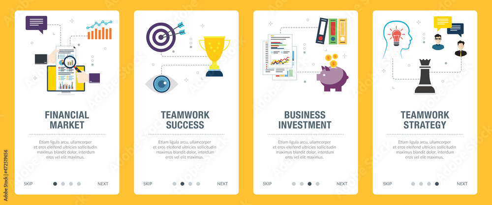 Financial market, teamwork success, business investment and teamwork strategy. Web banners template with flat design icons in vector illustration.