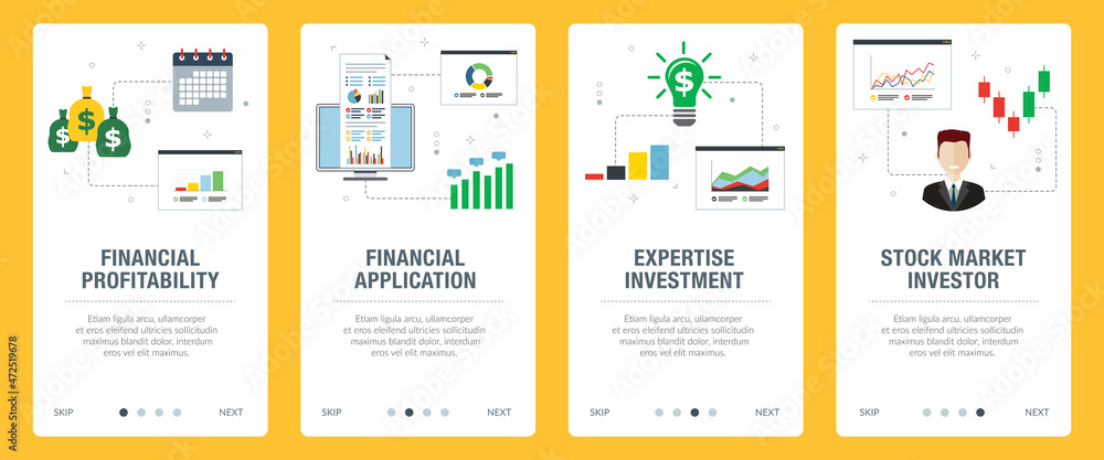 Finance, chart, business, investment and money icons.