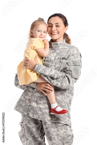 Female soldier with her little daughter isolated on white
