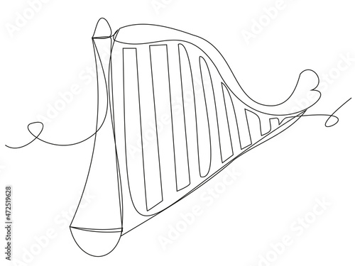Musical harp in one line on a white background. Vector illustration of a stringed instrument for playing a pleasant melody. Stock image with a symbol of culture and aristocracy.
