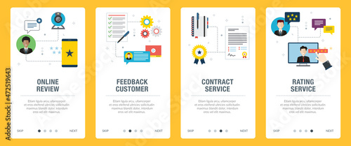  Online review, feedback customer, contract service and rating service. Internet website banner concept with icon set. Web banners template with flat design icons in vector illustration.