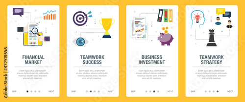 Financial market, teamwork success, business investment and teamwork strategy. Web banners template with flat design icons in vector illustration. © Cifotart
