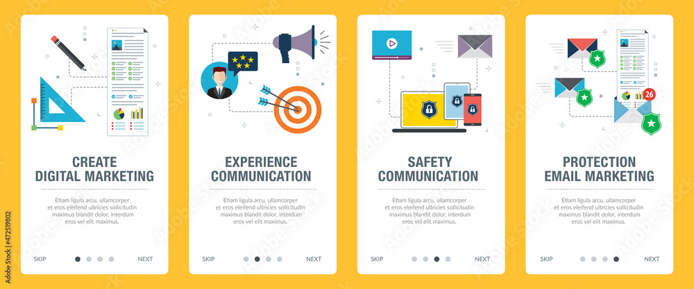 Marketing, safety, computer, communication and business icons.