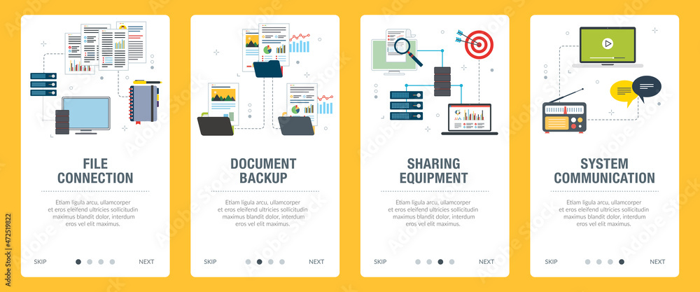 Concepts of  file connection, document backup, sharing equipment and system communication. Web banners template with flat design icons in vector illustration.