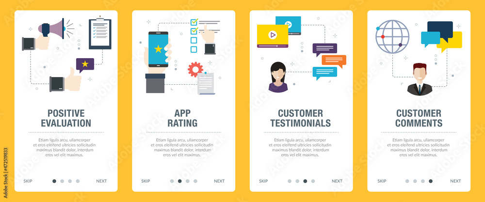 Concepts of positive evaluation, app rating, customer testimonials and customer comments. Web banners template with flat design icons in vector illustration. Concepts of positive evaluation, app rating, customer testimonials and customer comments. Web banners template with flat design icons in vector illustration.