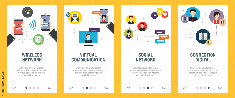 Concepts of wireless network, virtual communication, social network, connection digital. Web banners template with flat design icons in vector illustration.