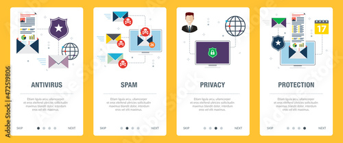 Concepts of antivirus for protection,  blocking spam, protect of privacy, virus and phishing. Web banners template with flat design icons in vector illustration.