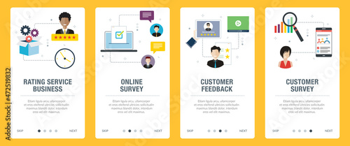Rating, business, survey, feedback and business icons. Rating service business, online survey, customer feedback and customer survey. Web banners template with flat design icons in vector illustration