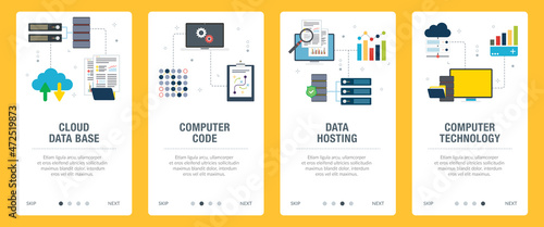 Concepts of cloud data base, computer code, data hosting and computer technology. Web banners template with flat design icons in vector illustration.