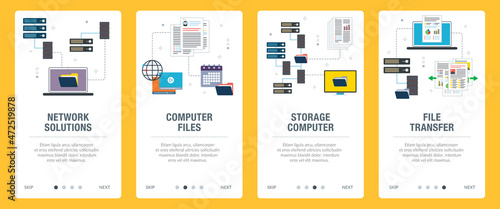 Concepts of network solutions, computer files, storage computer and file transfer. Web banners template with flat design icons in vector illustration.