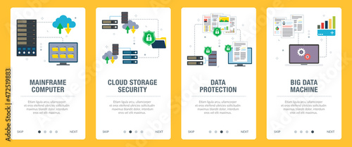 Concepts of mainframe computer, cloud storage security,  data protection, big data machine. Web banners template with flat design icons in vector illustration. photo