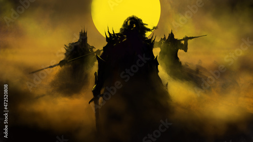 Silhouettes of a group of people in armor and with weapons stand in a yellow fog illuminated by the sun. 2D illustration