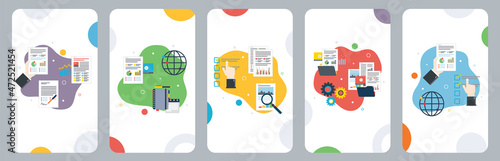 Business, paperwork, management, report and organization icons. Concepts of business paperwork, management report, paperwork organization, file organization. Flat design icons in vector illustration.