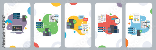 Cloud computing, mining, server, database and data icons. Concepts of cloud computing, data mining, server database and data center. Flat design icons in vector illustration.