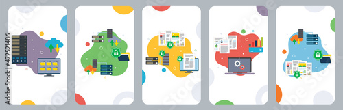 Mainframe, computer, cloud storage, big data, security and protection icons. Concepts of mainframe computer, cloud storage security,  data protection, big data machine. Flat design icons in vector.