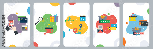 E-commerce, business, shopping basket, delivery and evaluation icons. Concepts of with e-commerce, shopping basket, delivery, and purchase evaluation. Flat design icons in vector illustration.
