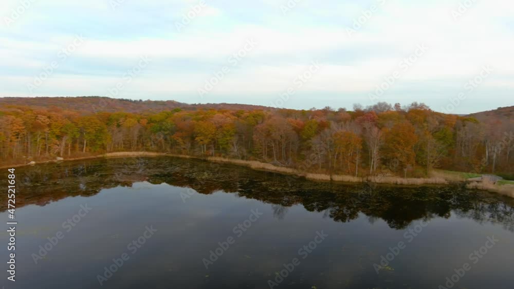 Aerial View Of Lake In Autumn Forest, The Drone Captures A Relaxing Fall Mood Aerial View Of Lake In Autumn Forest, The Drone Captures A Relaxing Fall Mood