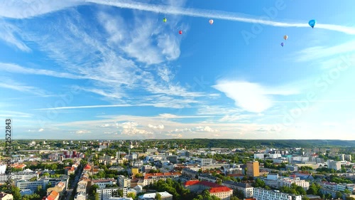 Aerial view of hot air balloons above Naujamestis district, Vilnius, Lithuania photo