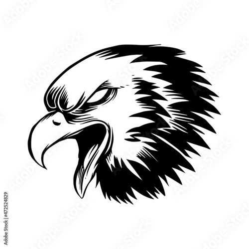 a snarling eagle face. a hand drawn illustration of a wild animal head. line art drawing for emblem, poster, sticker, tattoo, etc.