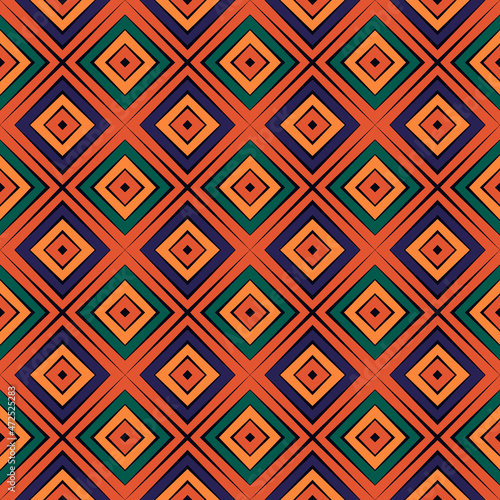 Seamless ornament. Rhombuses pattern. Diamonds backdrop. African style wallpaper. Ethnic motif. Geometric background. Digital paper. Geometrical web designing. Mosaic textile print. Vector art.