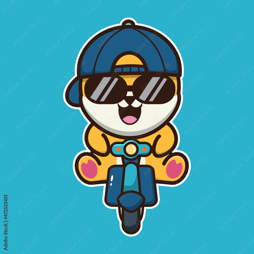 Fototapeta premium vector illustration of shiba dog, riding a motorcycle, suitable for children's books, birthday cards, valentine's day. 