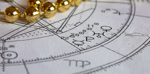 Detail of an astrological chart with Mercury, Uranus, Pluto and Venus  planets, Christmas decoration in the background