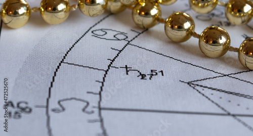 Detail of an astrological chart with Saturn planet, Christmas decoration in the background