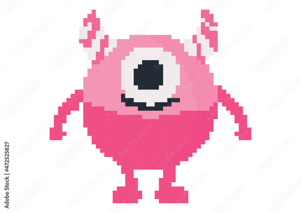 a beautiful bright pink monster illustration with a cheerful face with pixel theme a beautiful bright pink monster illustration with a cheerful face with pixel theme