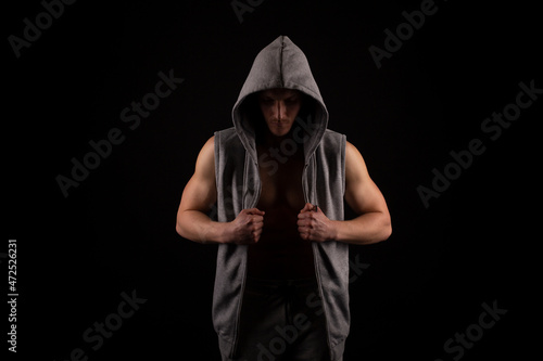 Sport man Fighter Standing in Dark Room Isolated. UFC, Box, MMA Concept