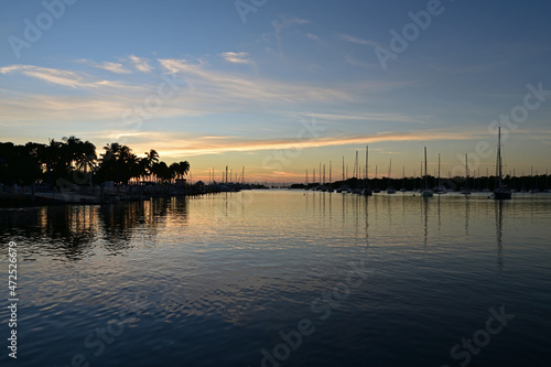 Boats docked in marina in Miami  Florida at sunrise on clear autumn morning.